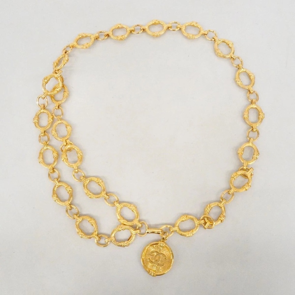 Authentic CHANEL double chain link gold plated medallion vintage belt 95cm - Picture 6 of 9